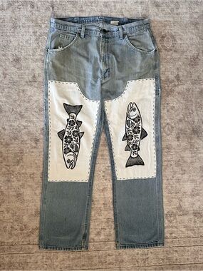 Upcycled Fish Block Print Double Knee Vintage Jeans